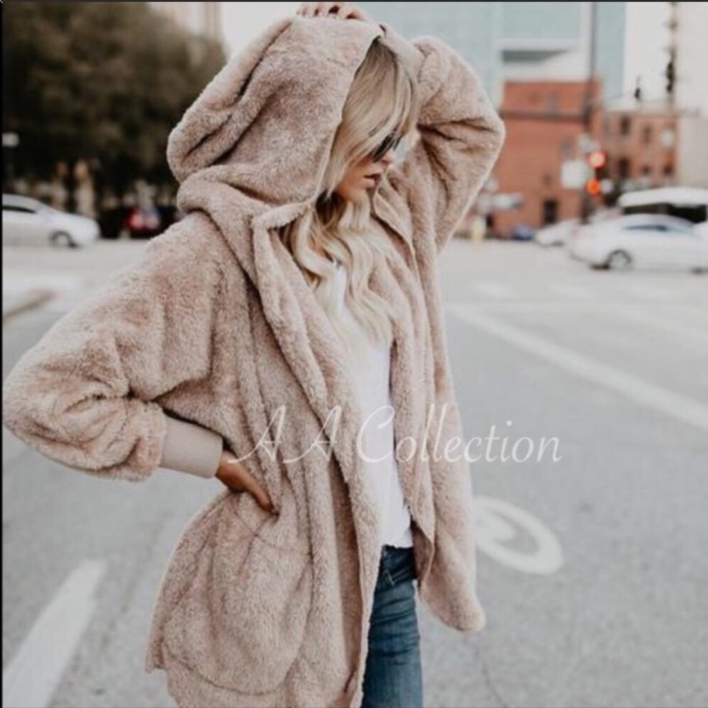Faux Fur Sherpa Hoodie Plush Jacket Coat OS - Picture 3 of 8